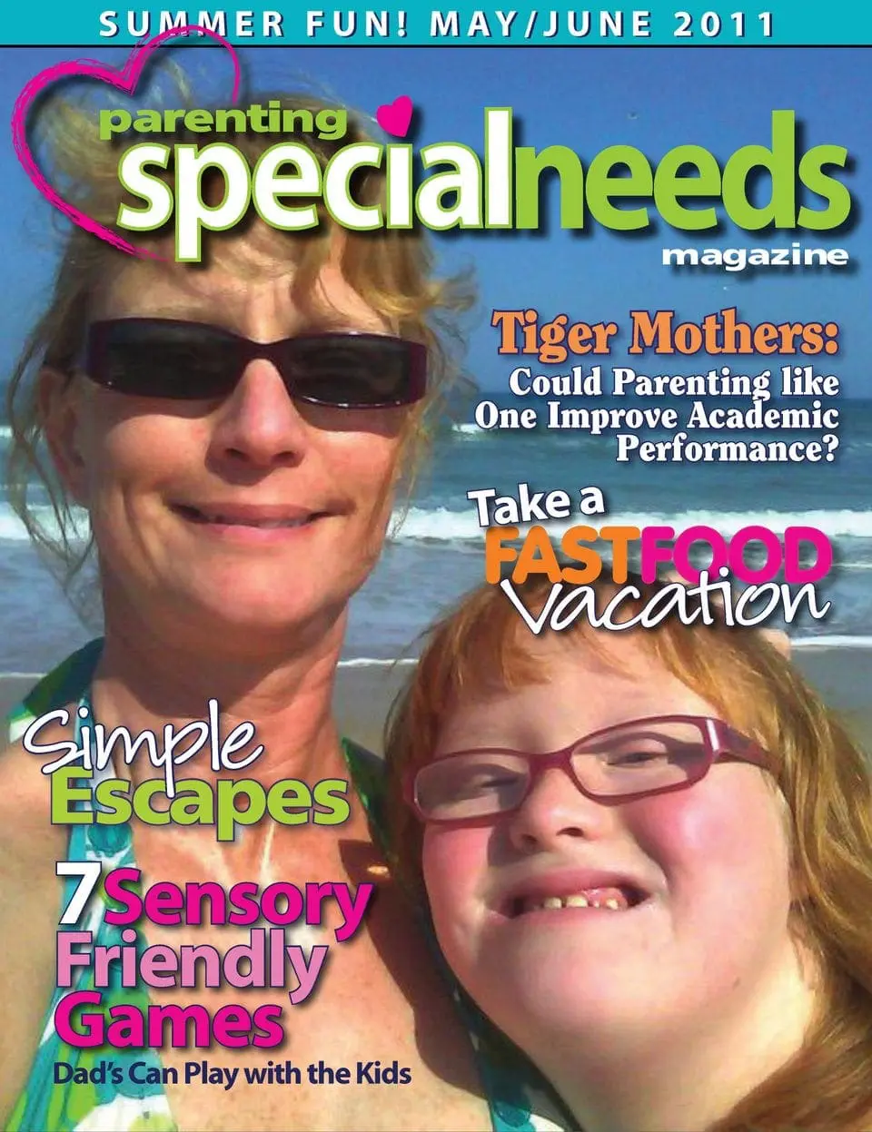 Cover of Parenting Special Needs Magazine, May/June 2011, featuring two smiling women on a beach.