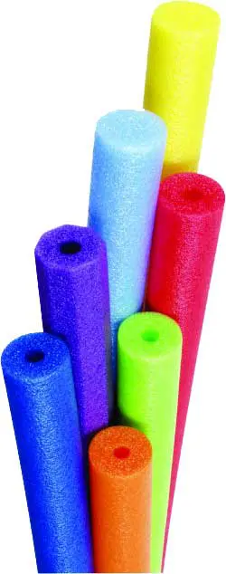 Several colorful pool noodles arranged in a fan shape