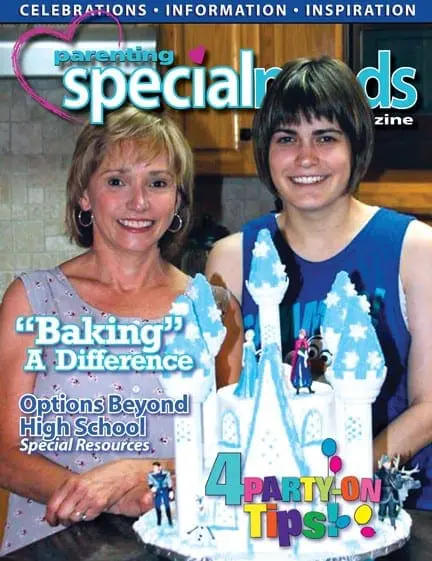 Cover of Parenting Special Needs Magazine featuring two smiling individuals with a decorated castle cake.