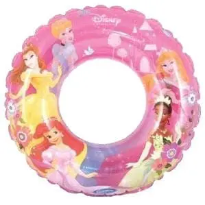 Pink inflatable Disney Princess inner tube with Ariel, Belle, Aurora, and Tiana.