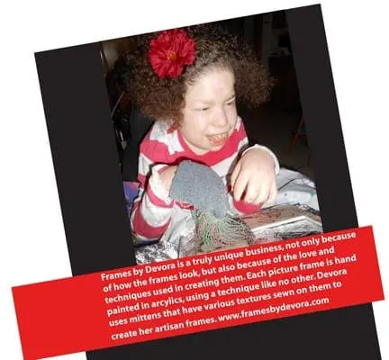 Devora Frames features a child with a red flower in their hair, wearing a striped shirt.