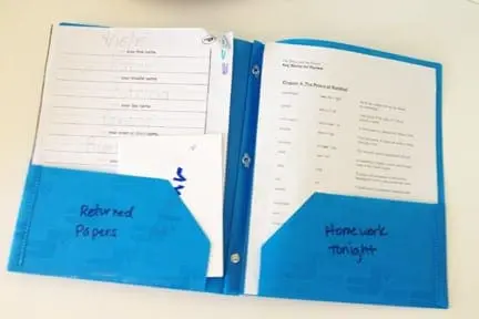 Blue folder with two pockets labeled "Returned Papers" and "Homework Tonight