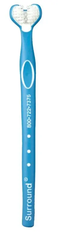 A blue three-headed toothbrush with the brand name "Surround" and a phone number printed on the handle.