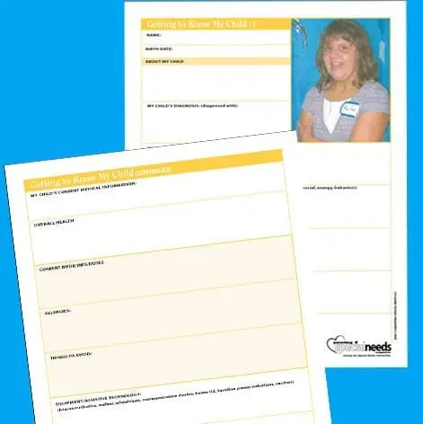Teacher's cheat sheet form with sections for child's needs and a photo of a woman.