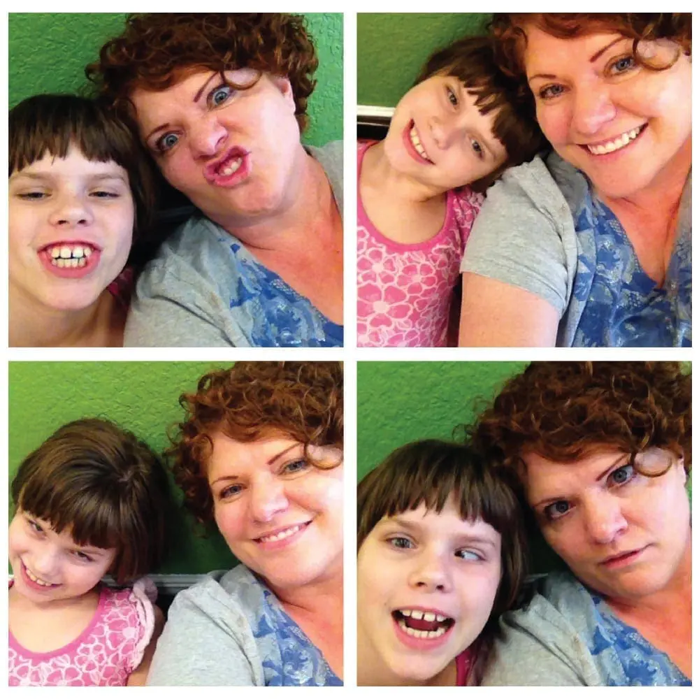 Michelle Rocker and her daughter Nikki making various playful expressions in a four-panel photo collage.