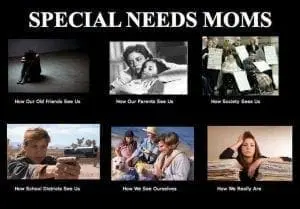 Six images depict different perceptions of special needs moms, from loneliness to being seen as a strong protector.