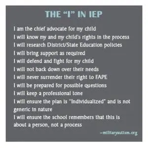 Text listing advocacy points for a child's IEP.