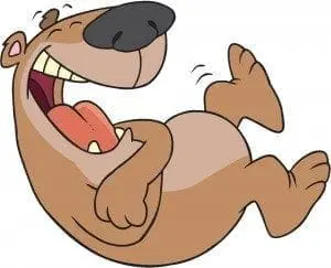 Cartoon bear laughing uncontrollably on its back with its arms crossed over its stomach.