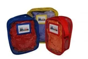 Three colorful zippered bags filled with toys.