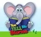 Cartoon elephant reading a book with "You Tell Me Stories" on it, next to trees in a grassy field.