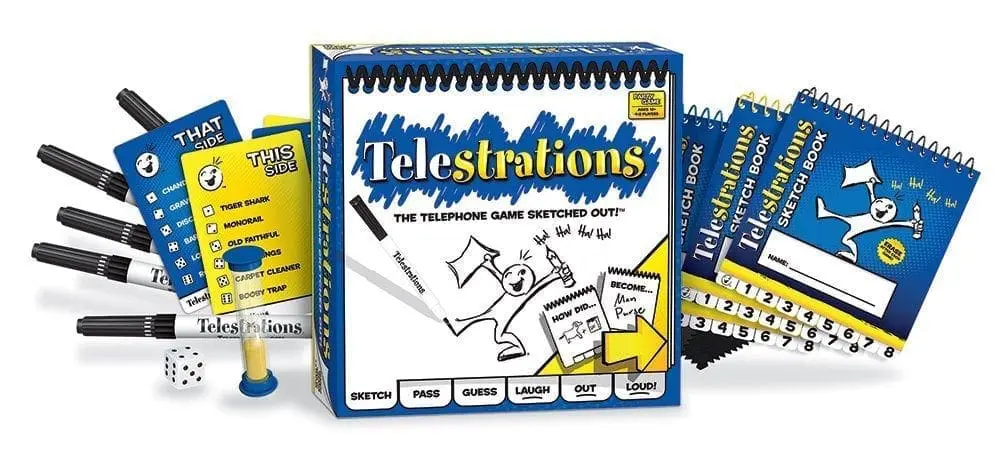 Telestrations game box with sketchbooks, cards, and markers