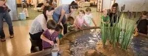 Children and adults interact with a water exhibit at a museum.