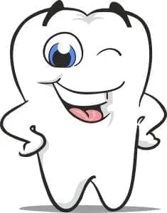 Cartoon tooth winking and smiling with arms akimbo