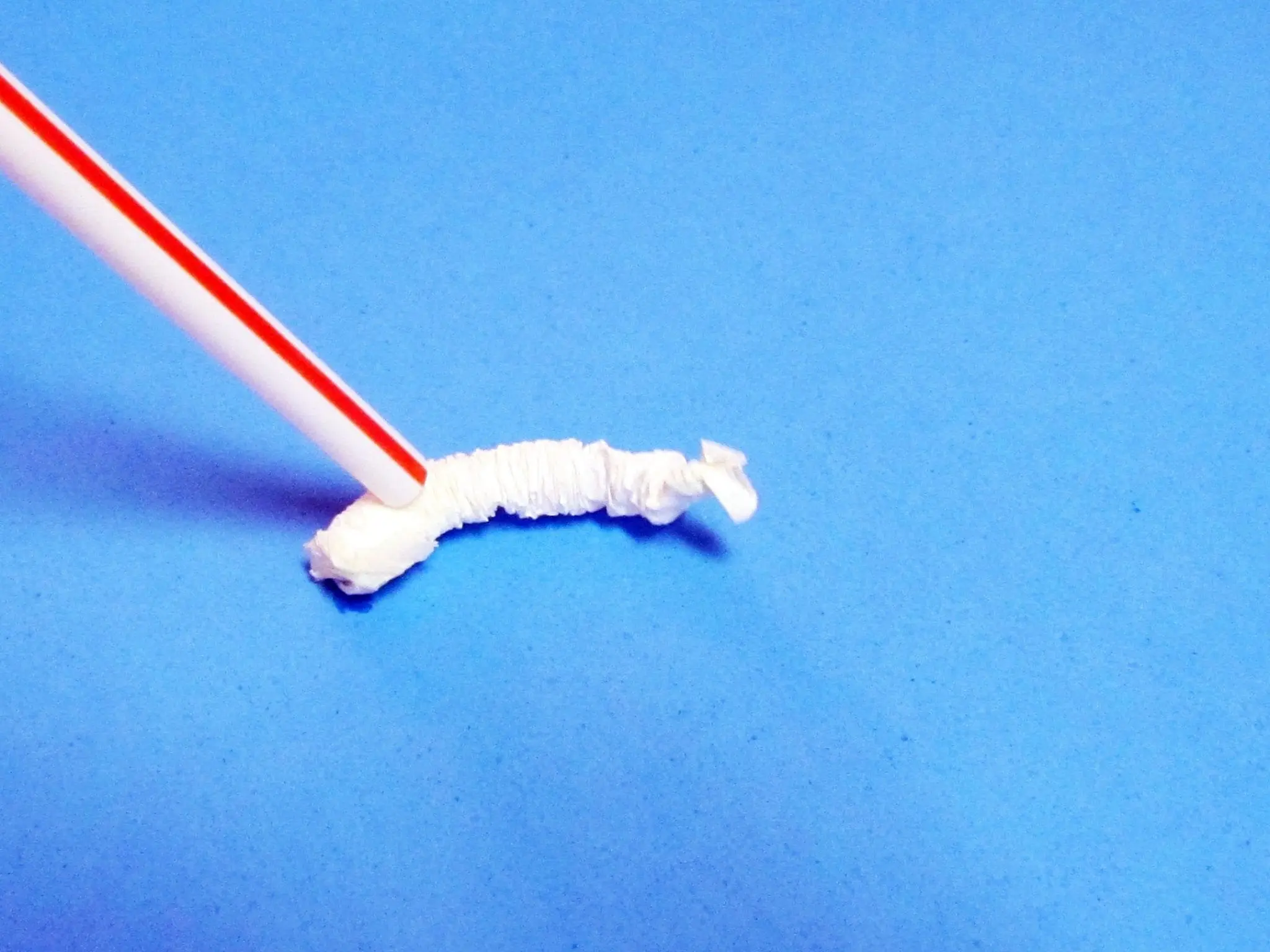 Straw wrapper squished into pleats moves like a worm from water droplets from a straw.
