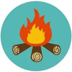 Campfire with logs in a blue circle.