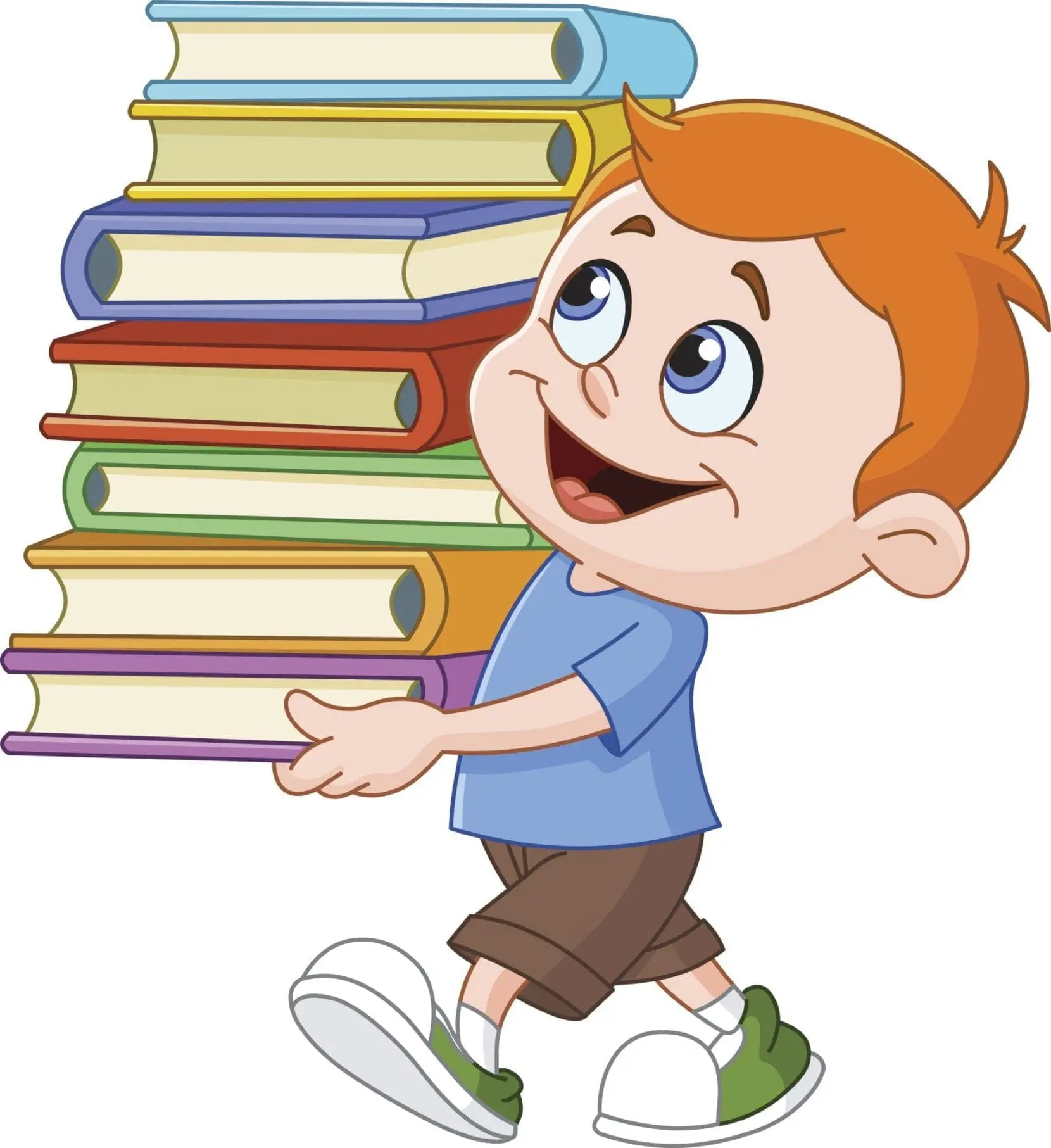 A young boy with red hair carries a stack of colorful books.