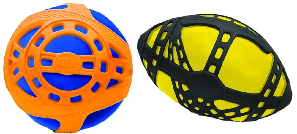 Orange and blue ball next to a yellow and black ball.