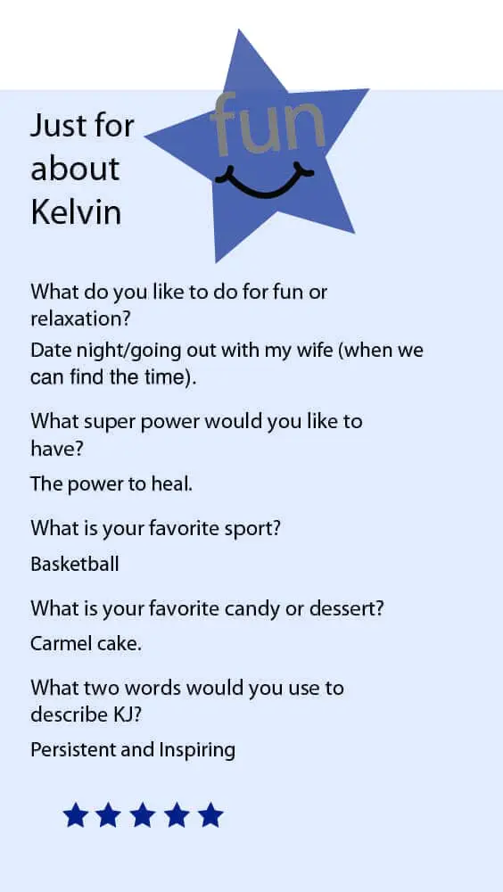 Kelvin Fields' fun facts with a blue star graphic.