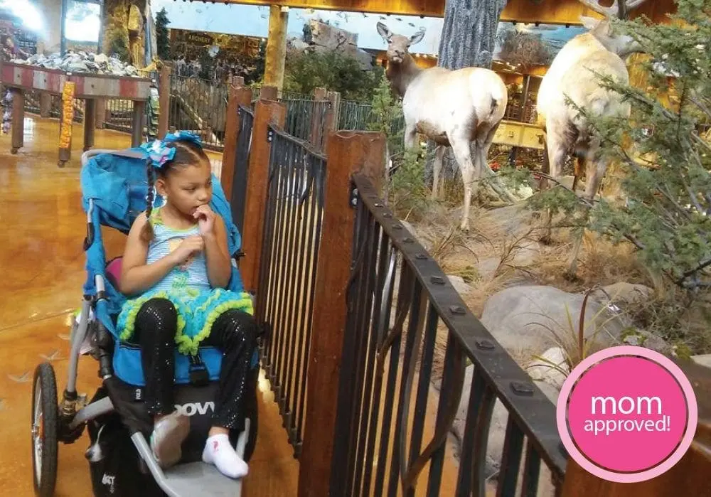 A young girl sits in a stroller next to a fence with deer behind it.