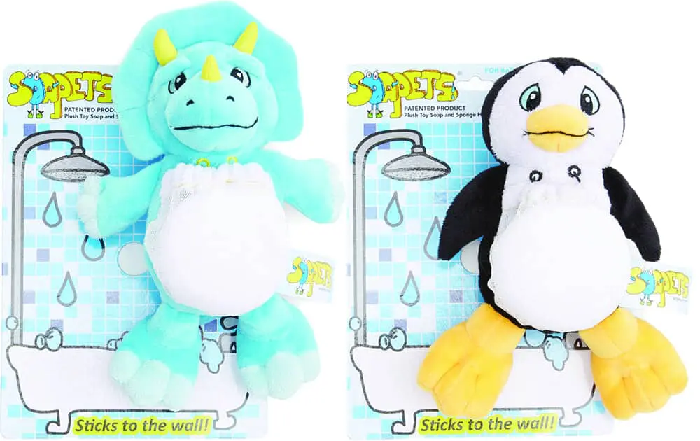 Two plush bath toys, a green dinosaur and a penguin, with suction cups to stick to the wall.