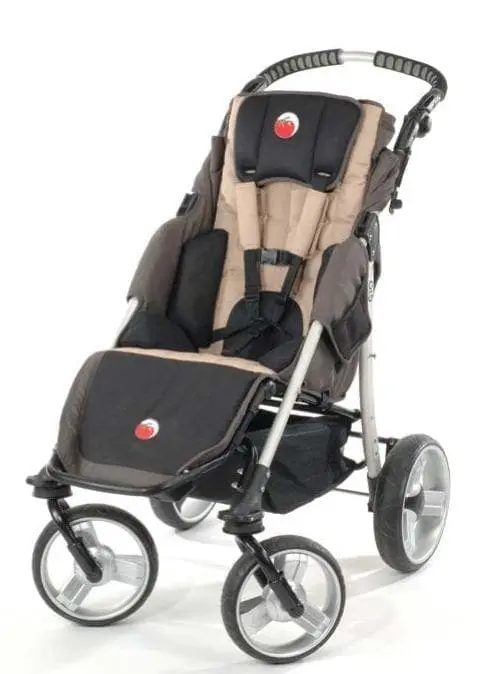 Special Tomato stroller with tan and black padding.