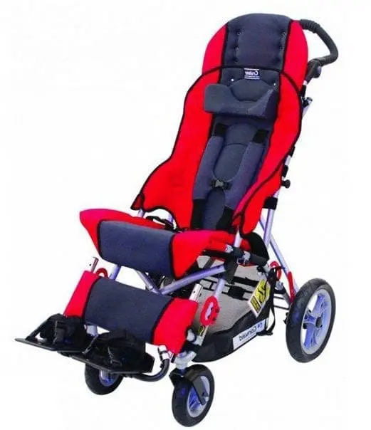 Convaid Cruiser adaptive stroller with a red and black seat and multi-terrain wheels.