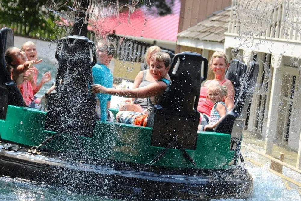 People on a water ride at Holiday World theme park.