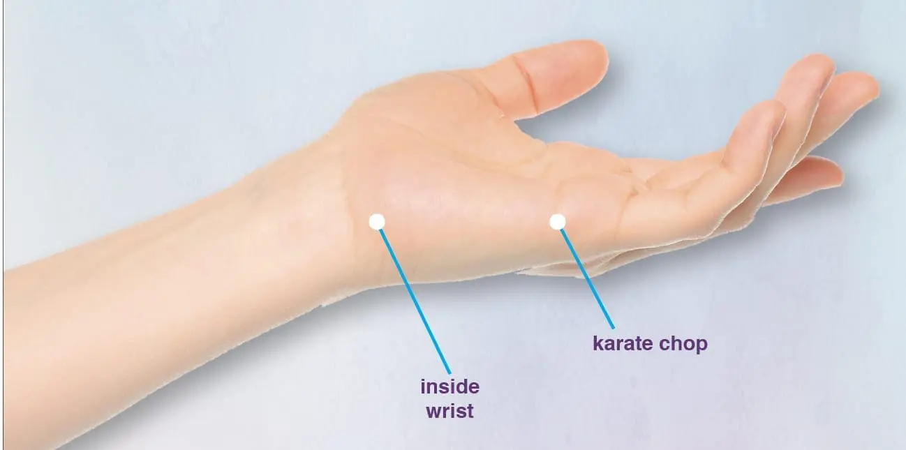 Hand with points labeled "inside wrist" and "karate chop.