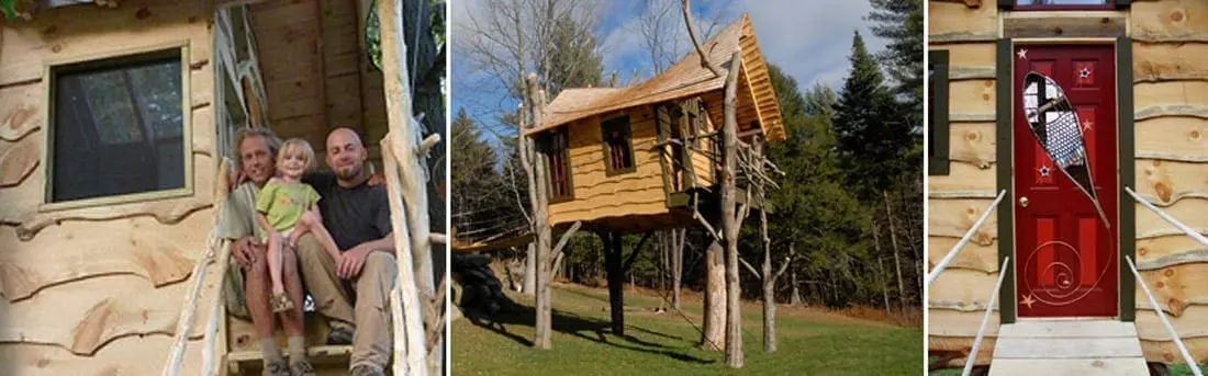 Family posing on the steps of a wooden treehouse.