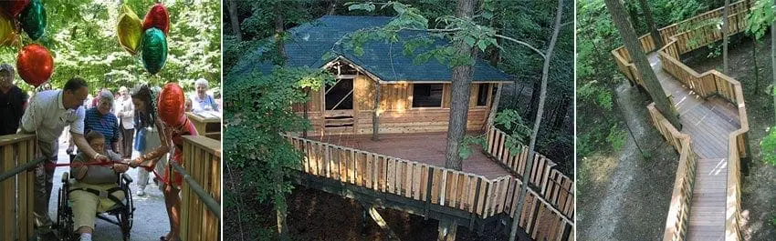 Three panels show a treehouse, a wooden walkway through trees, and people on a wooden deck.