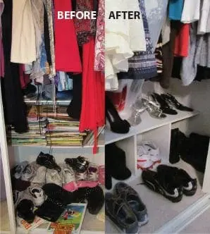 A closet is shown before and after organizing clothes and shoes