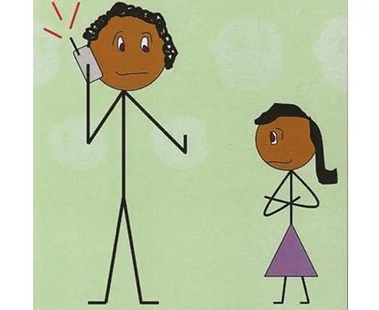 Stick figures of a parent on the phone and a child waiting impatiently.