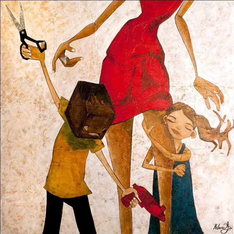 Stylized painting of a woman in red with a boy holding scissors and a girl hugging her leg.