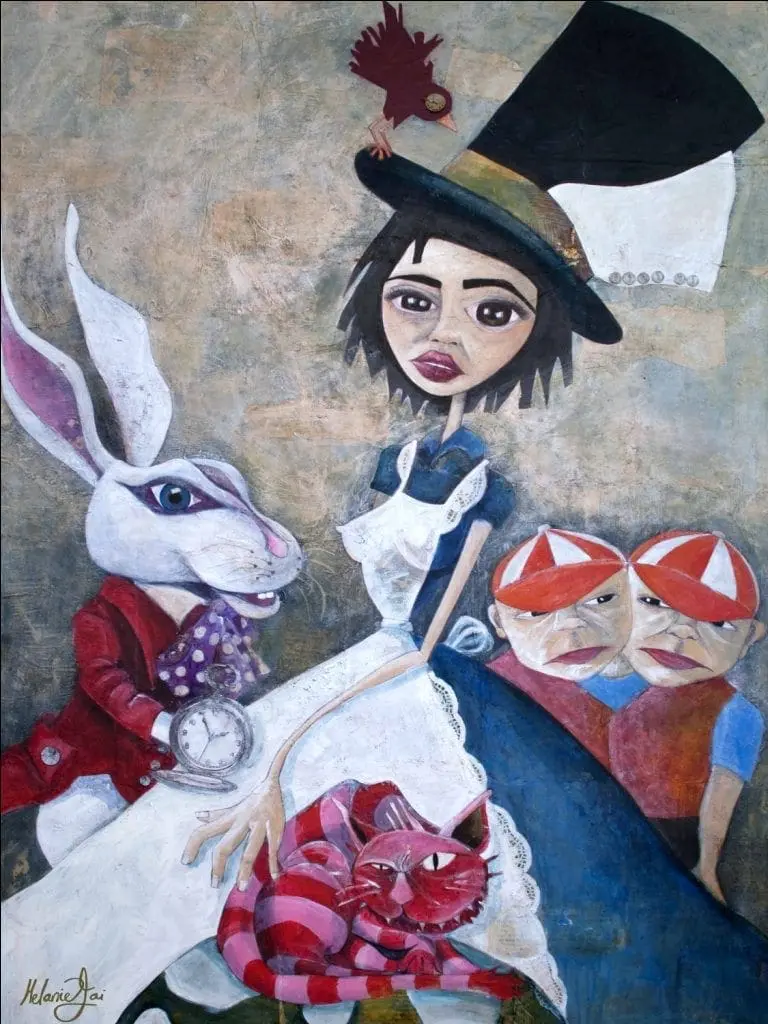 Curiouser & Curiouser painting depicts a stylized Alice, White Rabbit, Cheshire Cat, and twins.