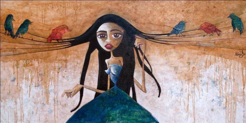 Painting of a woman with long dark hair and a blue dress, surrounded by birds on wires.