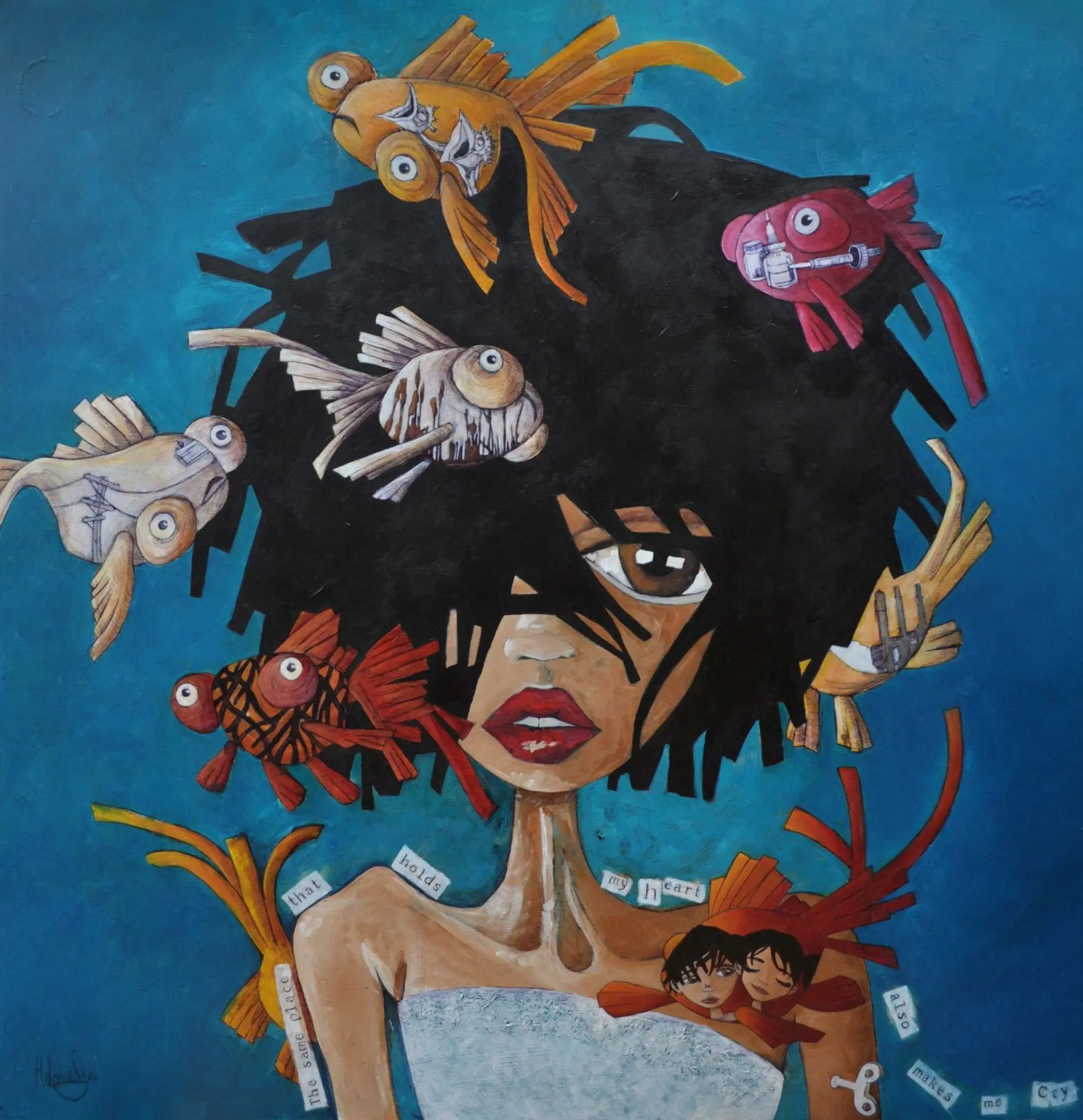 A stylized painting of a woman with her head in the water, surrounded by fish.