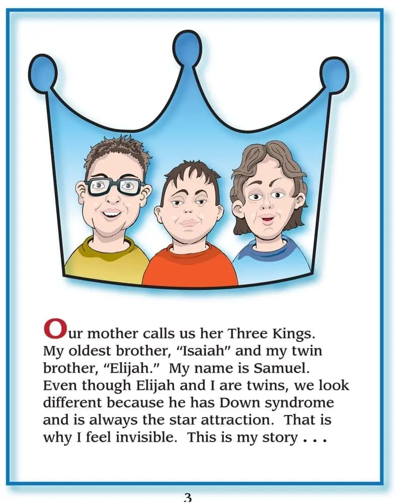 Three cartoon boys, named Isaiah, Elijah, and Samuel, wearing a crown.
