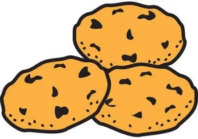 Three chocolate chip cookies are piled together.