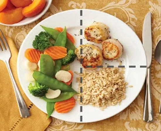 Plate divided into portions of chicken, brown rice, and mixed vegetables for diabetic meal planning.