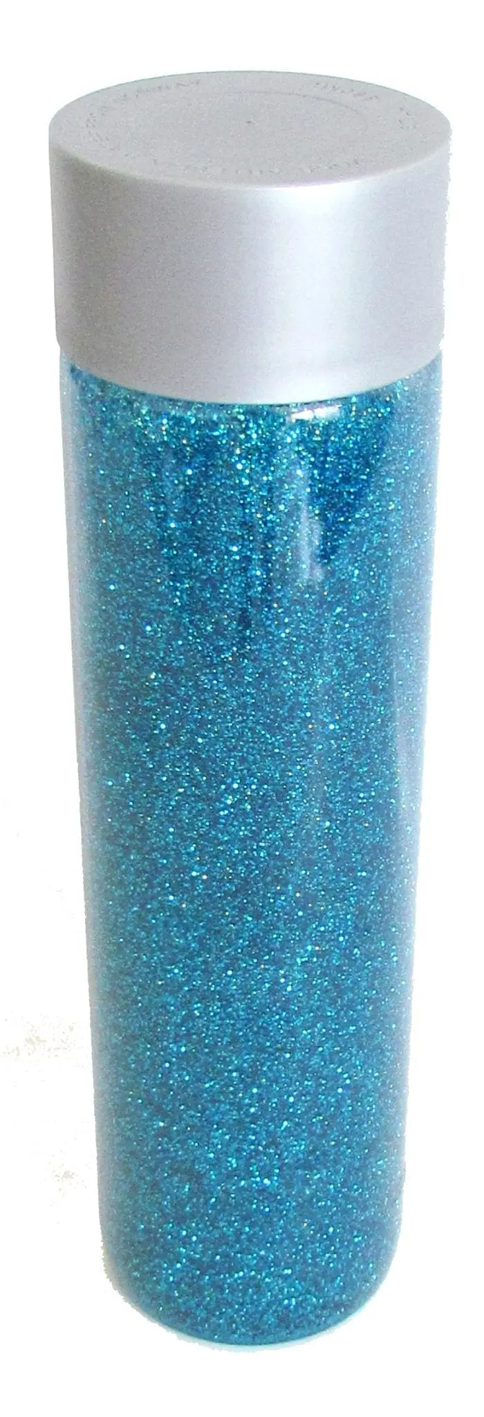A clear bottle filled with blue glitter and a silver cap.