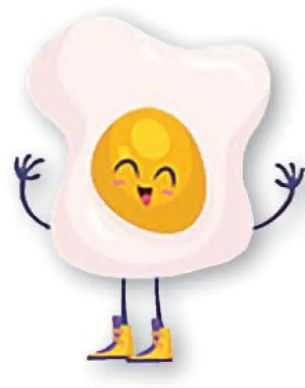 Smiling fried egg character with arms, legs, and yellow boots.