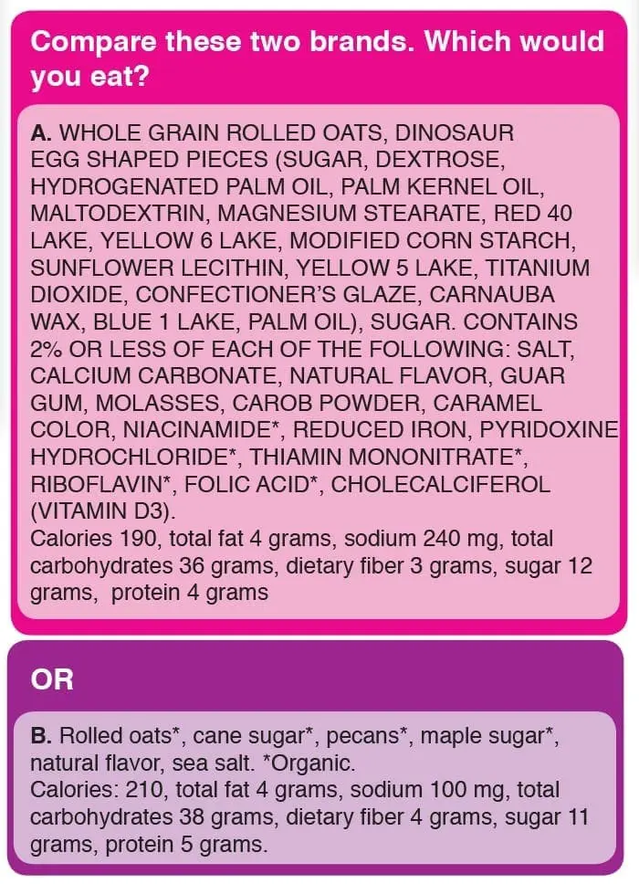 Comparison of two breakfast cereal brands' ingredients and nutritional information.