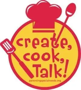 Logo with a chef hat, spatula, and spoon, featuring the text "create, cook, Talk!" and parenting special needs.org