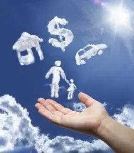 Clouds shaped like a house, dollar sign, car, and family float above an open hand.