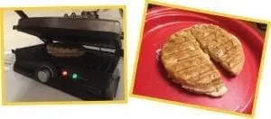 A panini press cooking a waffle sandwich and a grilled waffle sandwich on a red plate.