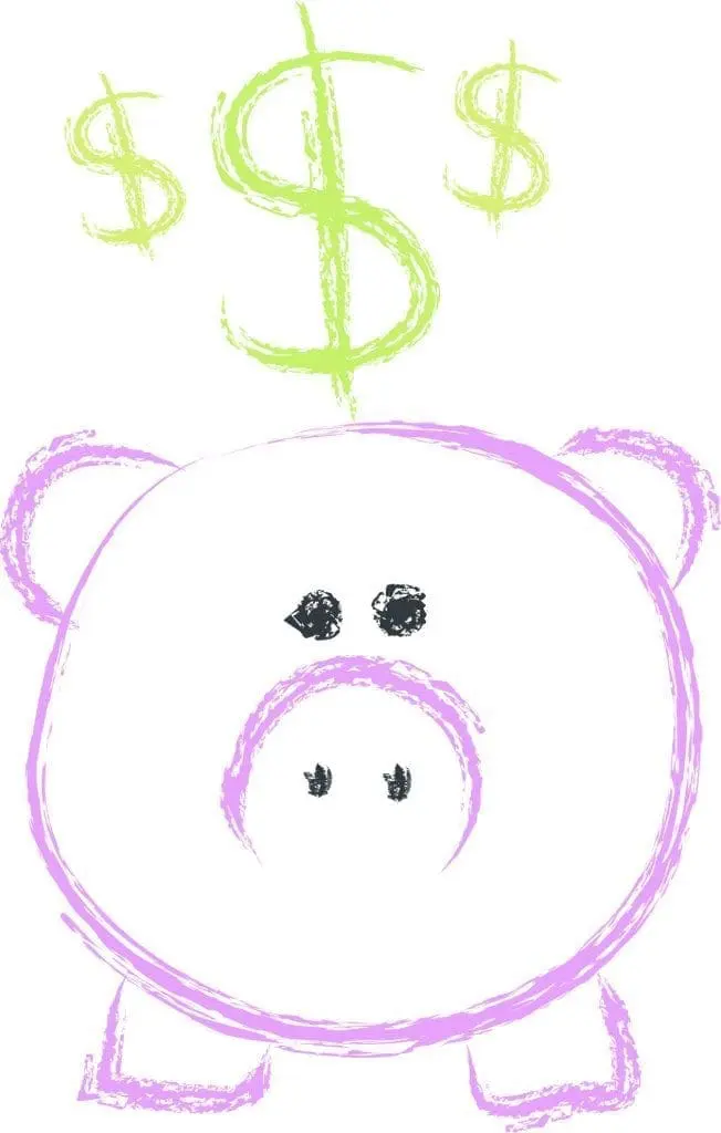 A cartoon piggy bank with dollar signs above it.