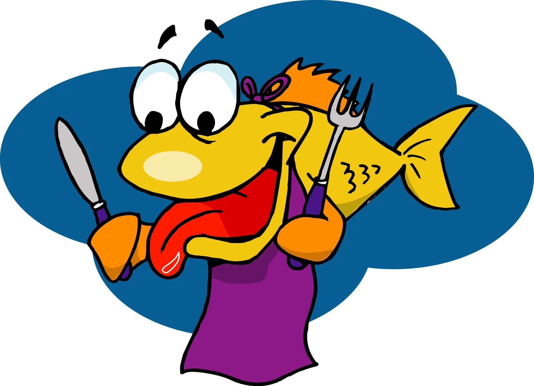 Cartoon fish holding a knife and fork, ready to eat.