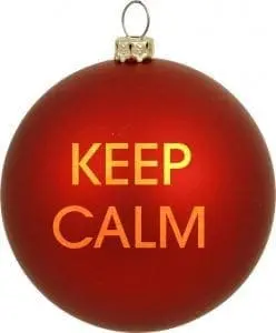 Red ornament with "KEEP CALM" text.