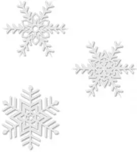 Three white, ornamental snowflakes on a white background.