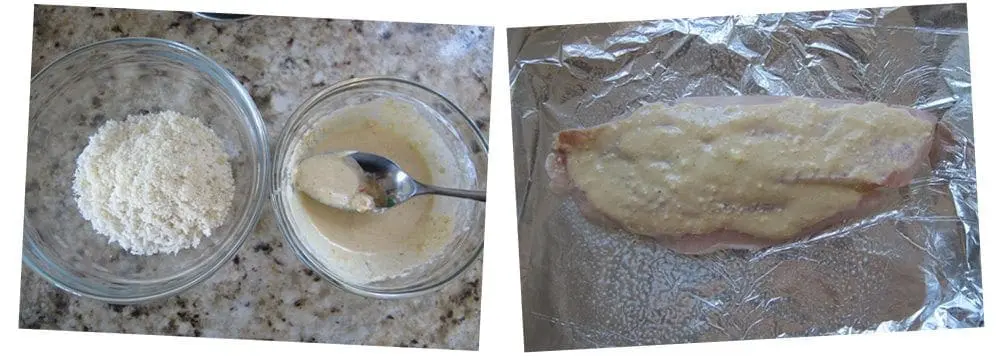 Two bowls of ingredients and a fish fillet on foil.